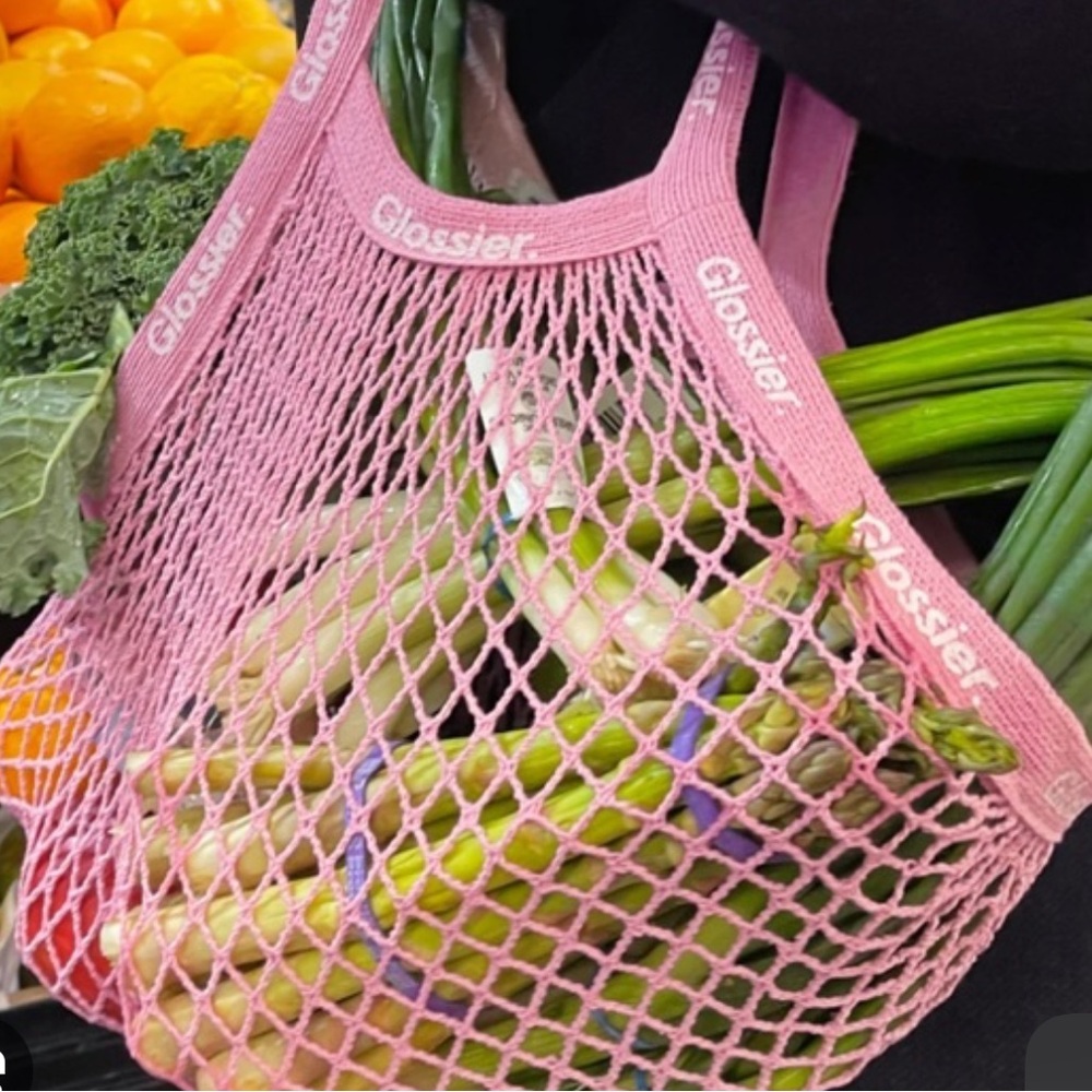 Glossier Pink 100% Cotton Twill Mesh Net Glossier Logo Strap Market Tote